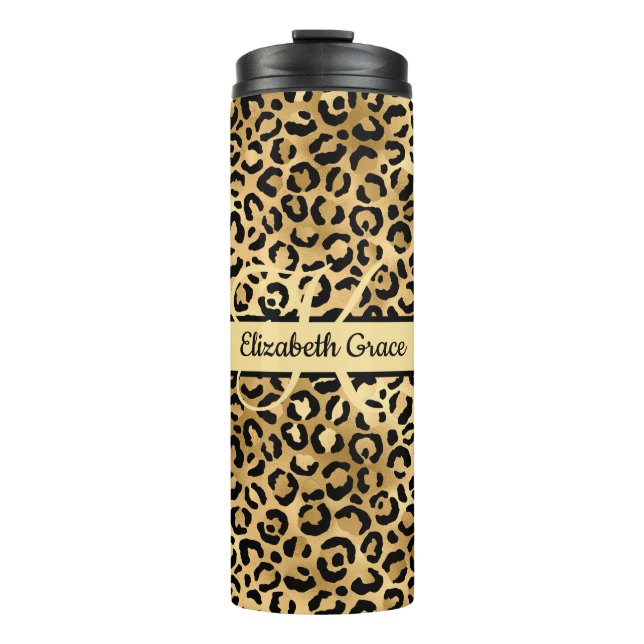 Monogram Name Black Gold Leopard Print Cheetah Thermosbecher (Vorderseite)