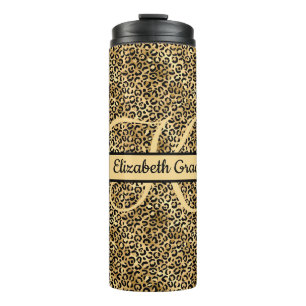 Monogram Name Black Gold Leopard Print Cheetah Thermosbecher