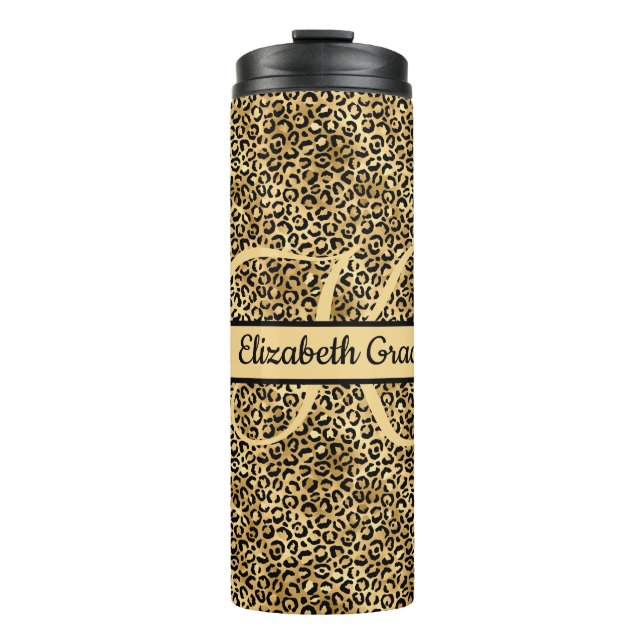 Monogram Name Black Gold Leopard Print Cheetah Thermosbecher (Vorderseite)