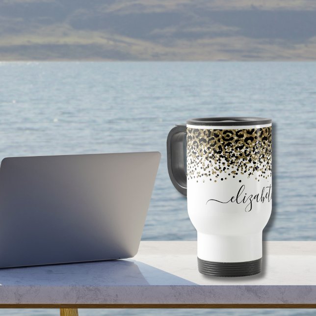 Monogram Name Black Gold Leopard Print Chic Trendy Tasse (Monogrammed Black Gold Leopard Print Animal Print Travel Coffee Mug)