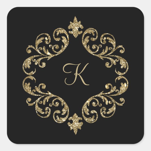 Monogram Name Black Gold Wedding Formal Party Quadratischer Aufkleber (Vorderseite)