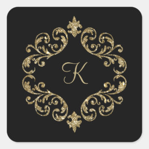 Monogram Name Black Gold Wedding Formal Party Quadratischer Aufkleber