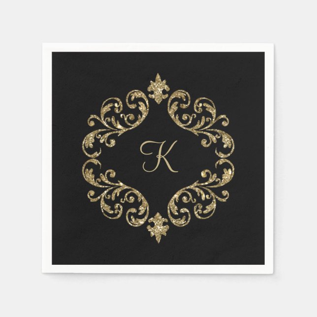 Monogram Name Black Gold Wedding Formal Party Serviette (Vorderseite)