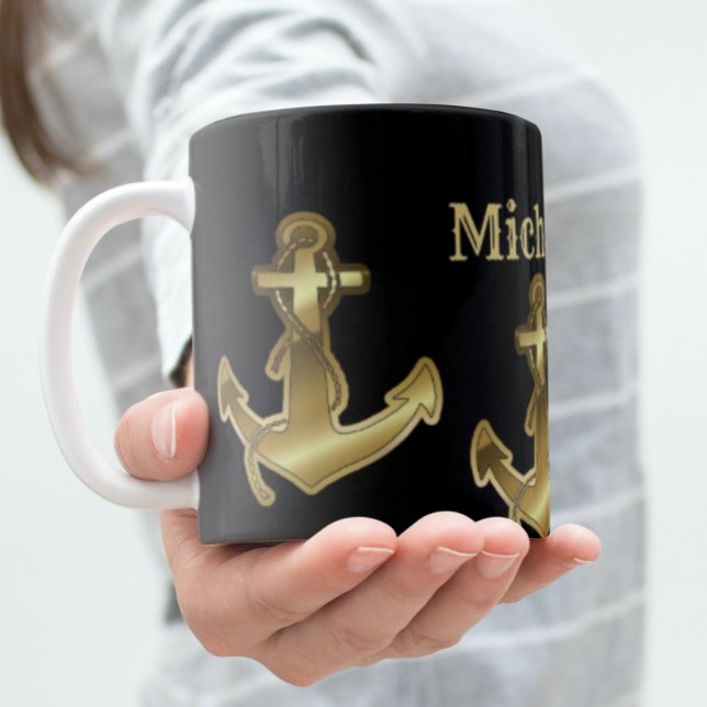 Monogram Name Black & Imitate Gold Nautical Anker Jumbo-Tasse (Von Creator hochgeladen)