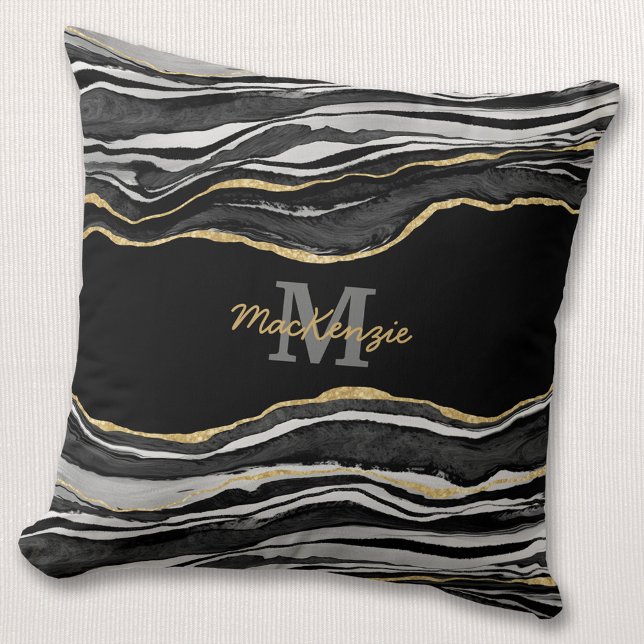 Monogram Name Black Marble Agate Gold Glitzer Kissen (Von Creator hochgeladen)
