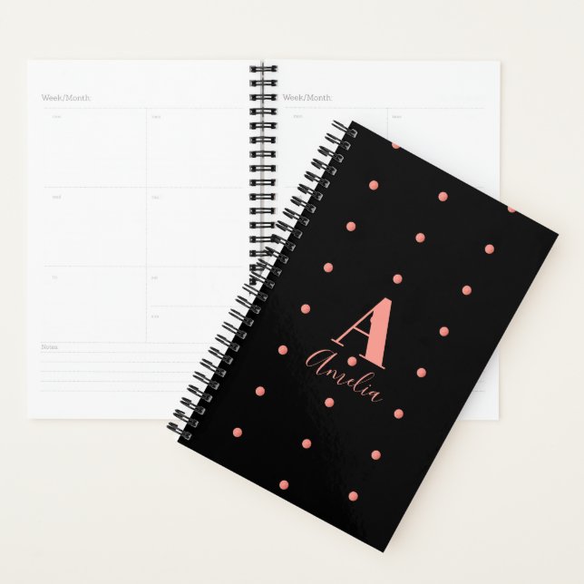 Monogram Name Black Rose Gold Polka Dot Planer (Anzeige)