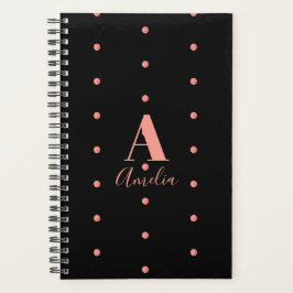 Monogram Name Black Rose Gold Polka Dot Planer