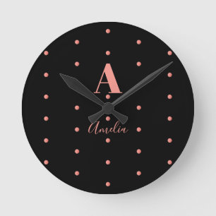 Monogram Name Black Rose Gold Polka Dots Runde Wanduhr