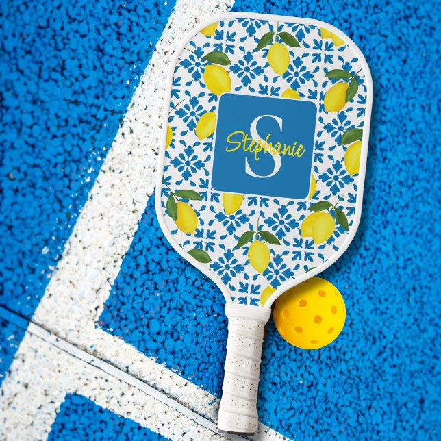 Monogram Name Blue French Tile Lemon Pattern  Pickleball Schläger (Von Creator hochgeladen)