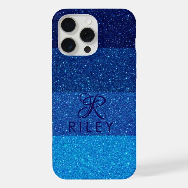 Monogram Name Blue Glitzer iPhone Hülle (Rückseite)