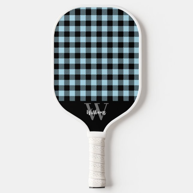 Monogram Name Blue Kariert Pickleball Paddel Schläger (Vorderseite)