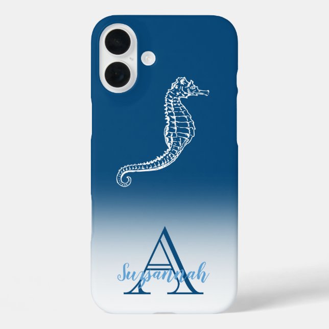 Monogram Name Blue Ombre Tropical Seepferd Case-Mate iPhone Hülle (Rückseite)