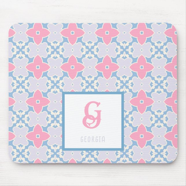 Monogram Name Blue & Pink Stars Muster Mouse Pad Mousepad (Vorne)
