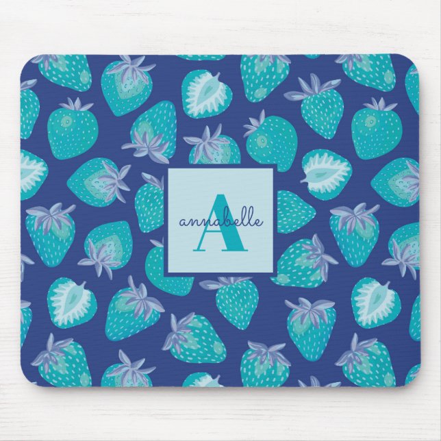 Monogram Name Blue Summer Strawberry Muster Mousepad (Vorne)