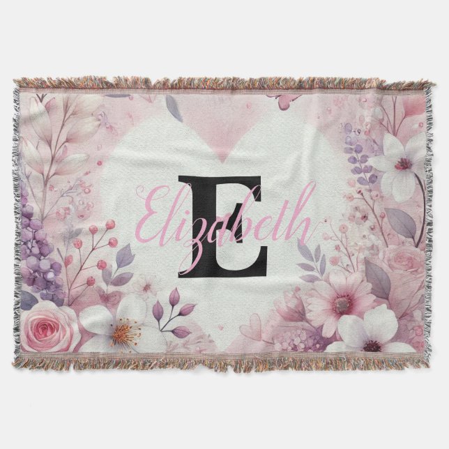 Monogram Name Blumenherzen romantische Aquarellfar Decke (Vorderseite)