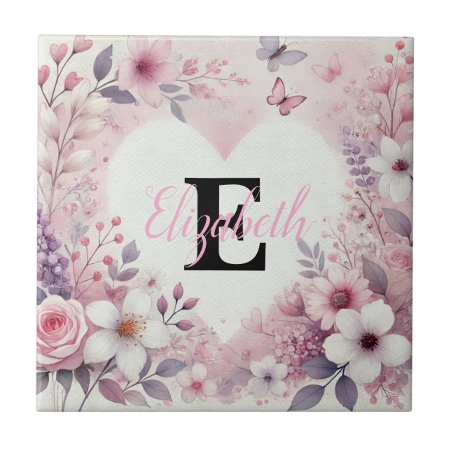 Monogram Name Blumenherzen romantische Aquarellfar Fliese (Vorderseite)