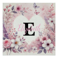 Monogram Name Blumenherzen romantische Aquarellfar