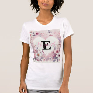 Monogram Name Blumenherzen romantische Aquarellfar T-Shirt