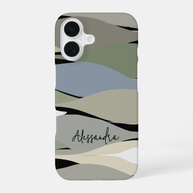Monogram Name boho abstrakte Blätter grün beige iPhone 16 Hülle (Rückseite)