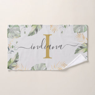 Monogram Name Botanical Palms Blätter Green Gold Handtuch