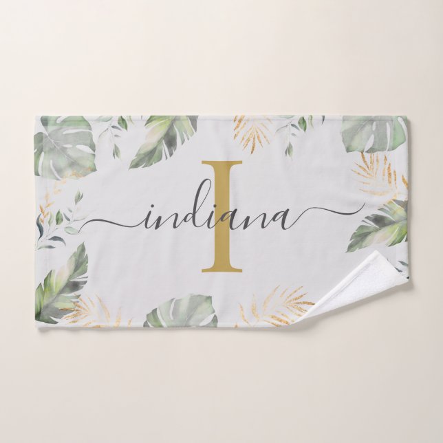 Monogram Name Botanical Palms Blätter Green Gold Handtuch (Handtuch)