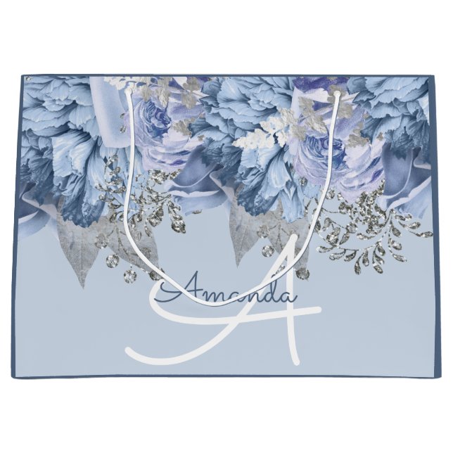 Monogram Name Bridal Favor Wedding Blue Floral Große Geschenktüte (Vorderseite)