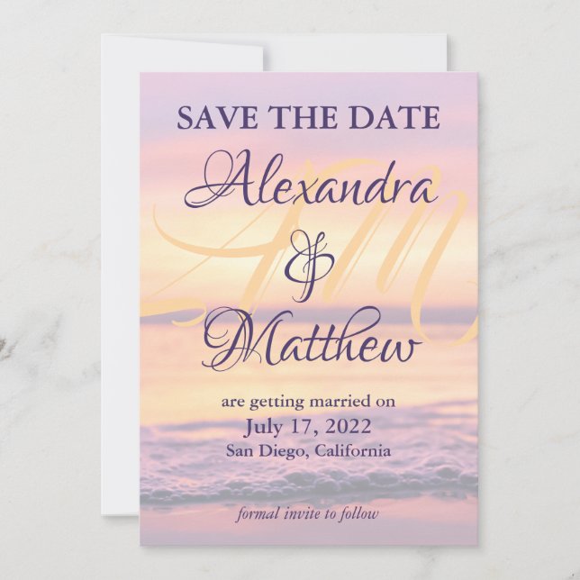 Monogram Name California Beach Sunset Wave Foto Save The Date (Vorderseite)