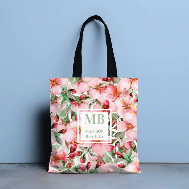 Monogram Name Cherry Blossom Wasserfarbe Floral (Von Creator hochgeladen)