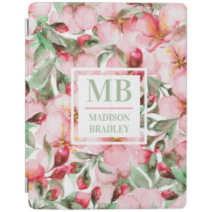 Monogram Name Cherry Blossom Wasserfarbe Floral iPad Hülle
