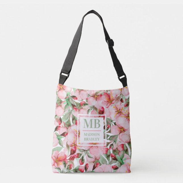 Monogram Name Cherry Blossom Wasserfarbe Floral Tragetaschen Mit Langen Trägern (Vorderseite)