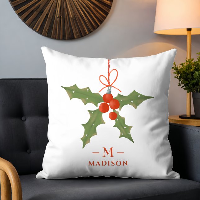 Monogram Name Christmas Holly Winter Floral Kissen (Von Creator hochgeladen)