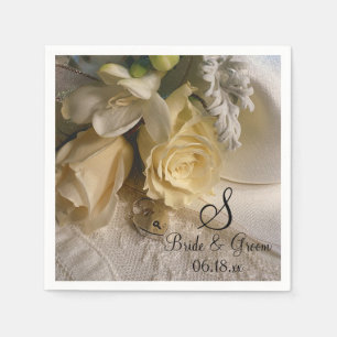 Monogram Name Date Bride Floral Wedding Bouquet Serviette