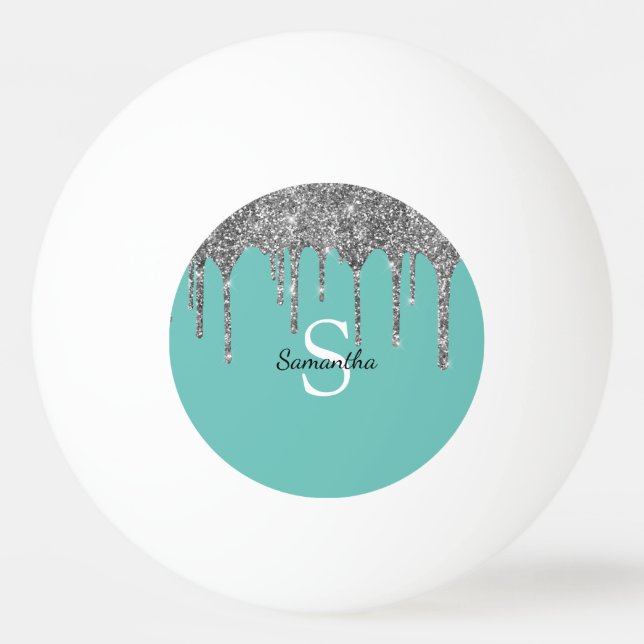 Monogram Name des aquamarinen Silver Glitzer-Spark Tischtennisball (Vorderseite)