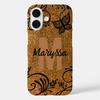 Monogram Name des Black Gold Glitzer Butterfly Blu iPhone 16 Hülle
