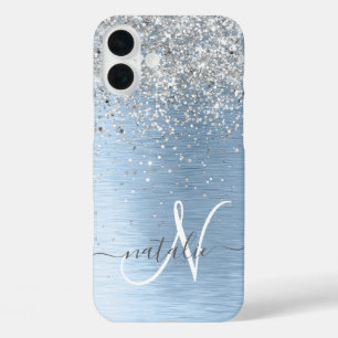 Monogram, Name des blauen, gebürsteten Metalls Sil iPhone 16 Plus Hülle