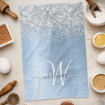 Monogram, Name des blauen, gebürsteten Metalls Sil Geschirrtuch<br><div class="desc">Dieses schicke Küchentücher-Design mit hübschem silberfarbenem Glitzer auf blau gebürstetem metallischem Hintergrund ist einfach zu personalisieren.</div>