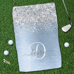 Monogram, Name des blauen, gebürsteten Metalls Sil Golfhandtuch<br><div class="desc">Dieses schicke Golftücher-Design mit hübschem silberfarbenem Glitzer auf blau gebürstetem metallischem Hintergrund ist einfach zu personalisieren.</div>
