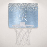 Monogram, Name des blauen, gebürsteten Metalls Sil Mini Basketball Netz<br><div class="desc">Dieses trendige,  schicke Basketballkorb-Design mit hübschem silberglänzenden Glitzer auf einem blau gebürsteten metallischem Hintergrund ist einfach zu personalisieren.</div>