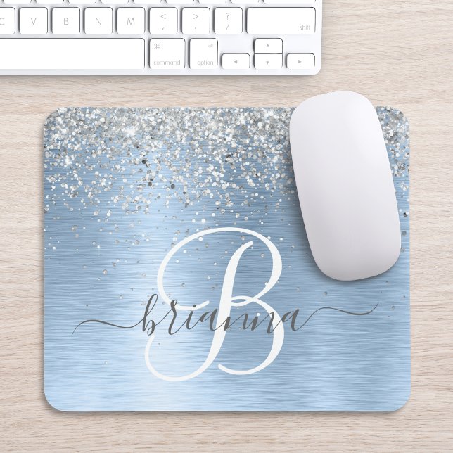Monogram, Name des blauen, gebürsteten Metalls Sil Mousepad (Von Creator hochgeladen)