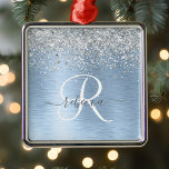 Monogram, Name des blauen, gebürsteten Metalls Sil Ornament Aus Metall<br><div class="desc">Dieses trendige und schicke Ornament-Design mit hübschem silberfarbenem Glitzer auf blau gebürstetem metallischem Hintergrund ist einfach zu personalisieren.</div>