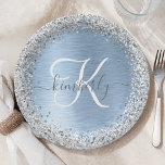 Monogram, Name des blauen, gebürsteten Metalls Sil Pappteller<br><div class="desc">Dieses schicke Design mit hübschen silber funkelnden Imitate Glitzer auf einem blau gebürsteten metallischen Hintergrund ist einfach zu personalisieren.</div>