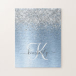 Monogram, Name des blauen, gebürsteten Metalls Sil Puzzle<br><div class="desc">Dieses trendige schicke Puzzle-Design mit hübschem silberfarbenem Glitzer auf blau gebürstetem metallischem Hintergrund ist einfach zu personalisieren.</div>