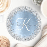 Monogram, Name des blauen, gebürsteten Metalls Sil Runder Pappuntersetzer<br><div class="desc">Dieses schicke Design mit hübsch silber funkelnden Imitaten Glitzer auf blau gebürstetem metallischem Hintergrund ist einfach zu personalisieren.</div>