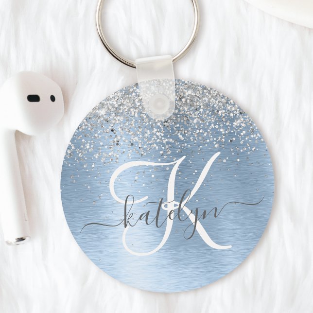 Monogram, Name des blauen, gebürsteten Metalls Sil Schlüsselanhänger (This keychain has a cool blue brushed metal design with silver glitter, your monogram and name.)