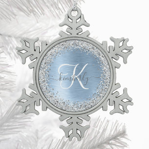 Monogram, Name des blauen, gebürsteten Metalls Sil Schneeflocken Zinn-Ornament