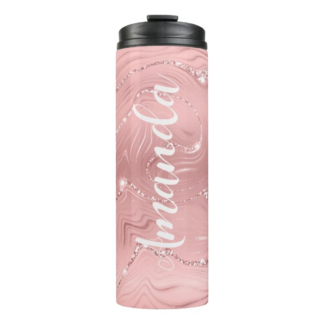 Monogram Name des Girl Blush Pink Rose Gold Glitze Thermosbecher (Vorderseite)