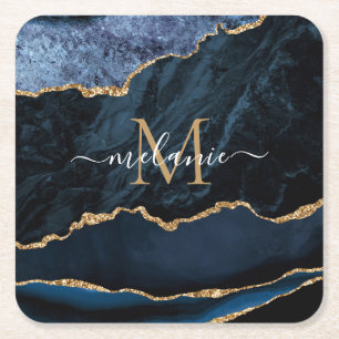 Monogram Name des Navy Blue Gold Marmor Paper Unte Rechteckiger Pappuntersetzer