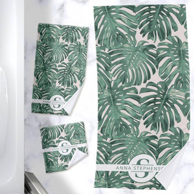 Monogram Name des tropischen Green Palm Blätter Badhandtuch Set (Bath towel set with green monstera leaves and monogram)