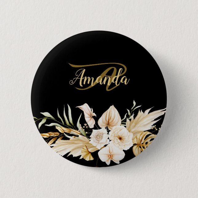 Monogram Name Floral Golden Black Elegant Moderne Button (Vorderseite)