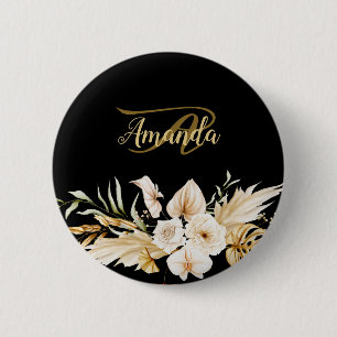 Monogram Name Floral Golden Black Elegant Moderne Button